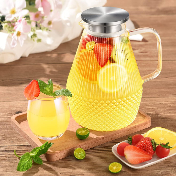 Wasserkaraffe, veecom Glaskaraffe mit Deckel 2.4L Karaffe, Glaskrug mit Deckel, Borosilikatglas Wass