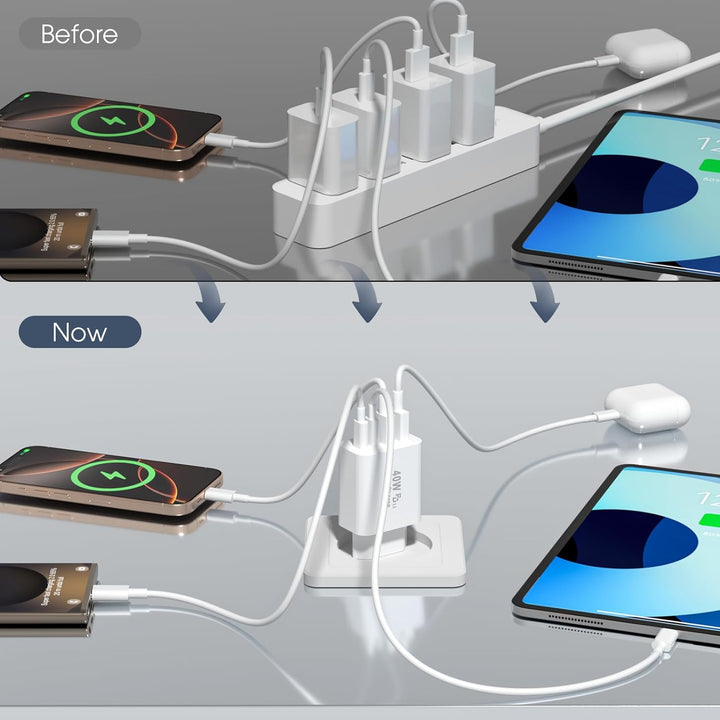 USB C Ladegerät, 40W Multiport Schnellladeblock with 4 Ports - 2 x USB-C and 2 x USB-A, Mehrfach-Wan
