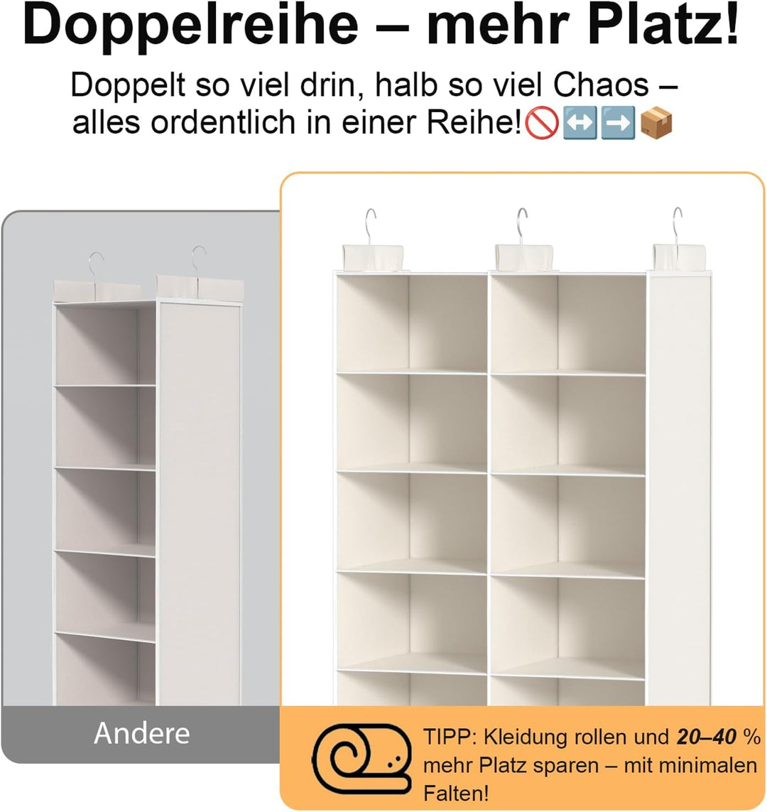 Doppelreihe Hängeregal, Schrank Organizer für Kleidung, Faltbarer Kleiderschrank Organizer mit 3 Met