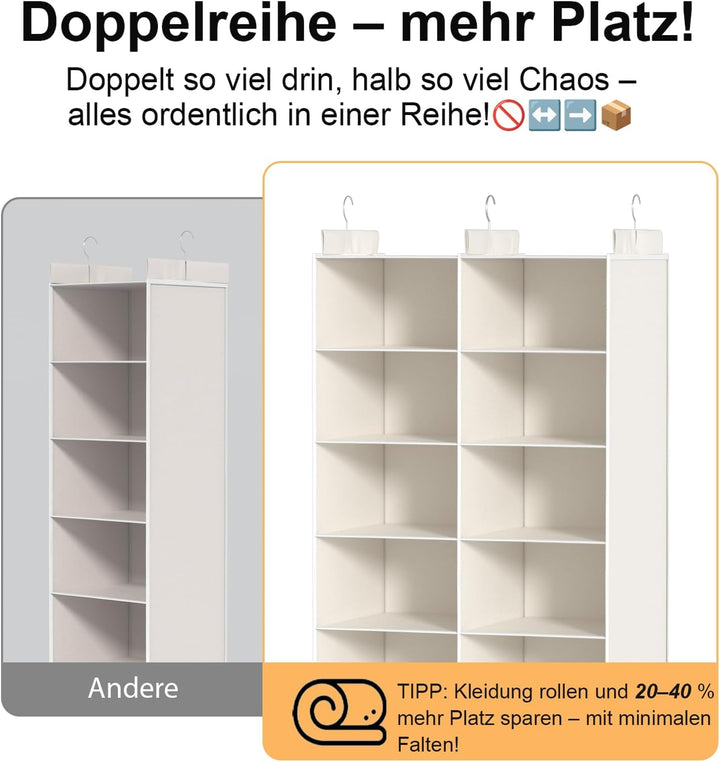 Doppelreihe Hängeregal, Schrank Organizer für Kleidung, Faltbarer Kleiderschrank Organizer mit 3 Met