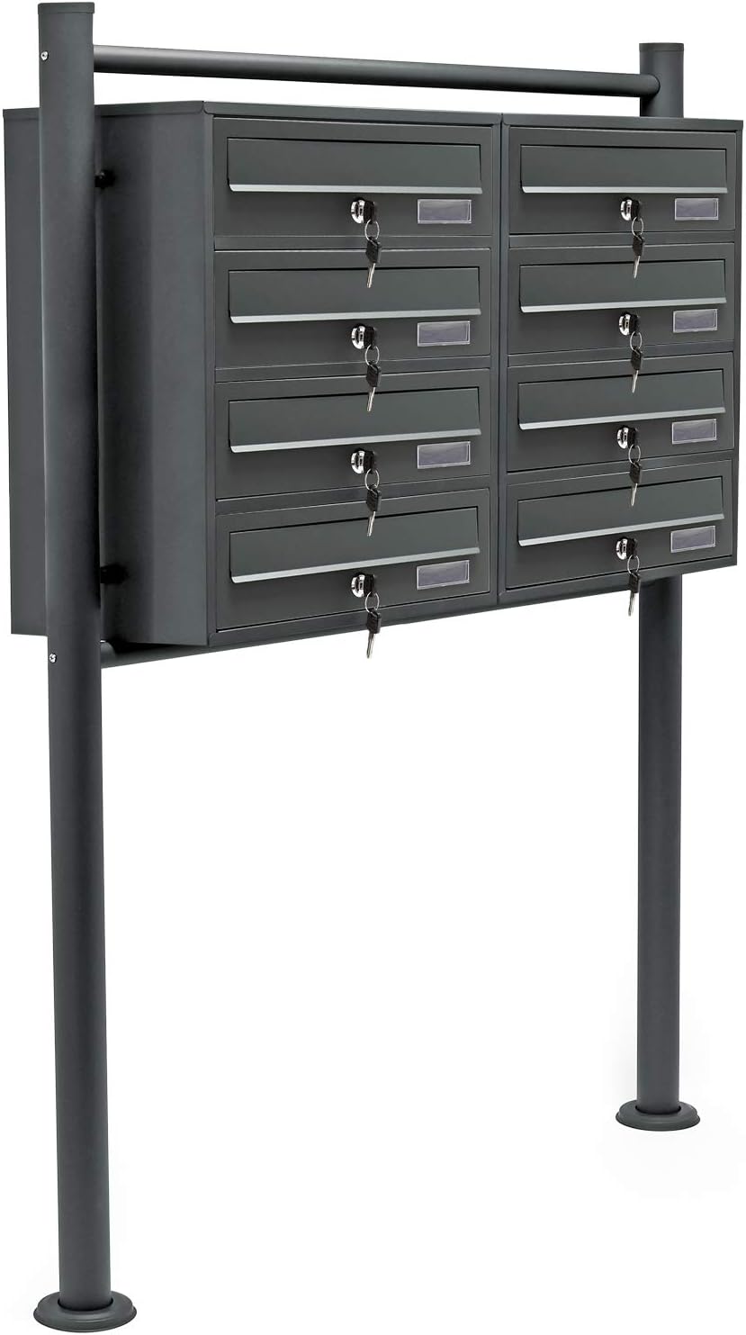 Wiltec 8er Briefkastenanlage Anthrazit 898 x 270 x 1500 mm, Standbriefkasten mit 2x4 Fächern, Schlüs