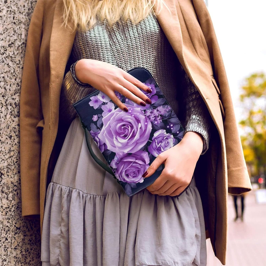Kuiaobaty Bibeltasche mit Reissverschluss, violette Rosen, mit Griff, Tragetasche, Büchertasche für