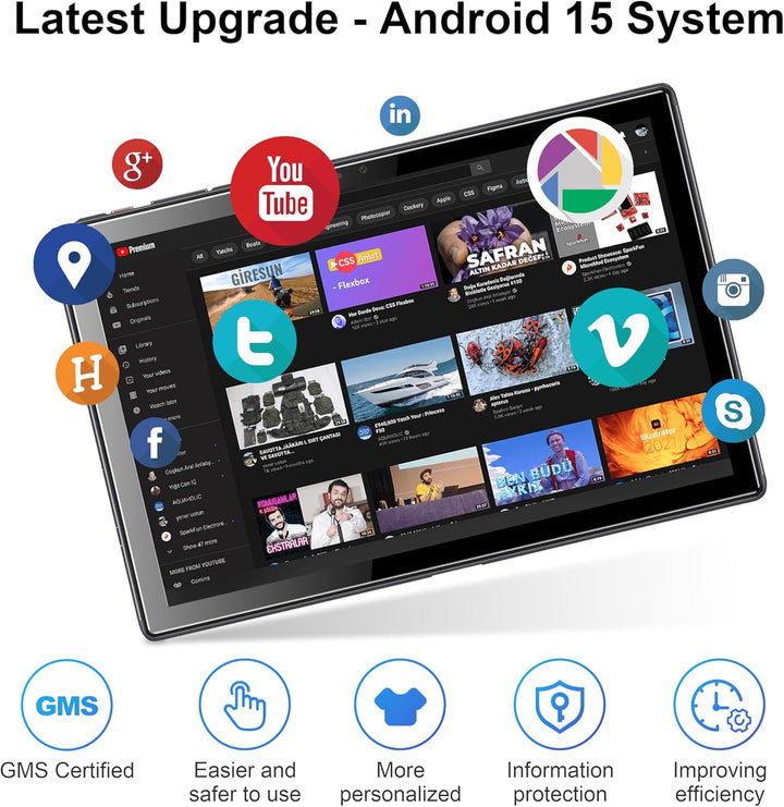 Tablet 10 Zoll Android Tablets 6 GB RAM + 64 GB ROM Quad-Core 5000 mAh 1280 x 800 HD-Touchscreen 5MP