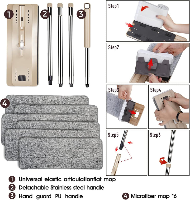Masthome Wischmopp Set mit Eimer,2 In 1 Putzeimer mit Wischer Wischmopp mit Auswringfunktion, 6 Wisc