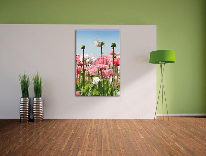 Blumenwiese Mohnblumen, Format: 100x70 auf Leinwand, XXL riesige Bilder fertig gerahmt mit Keilrahme