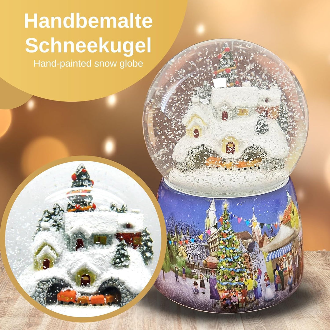 Schneekugel Weihnachten Spieluhr | Berglandschaft mit Zug | Sockel Winterlandschaft Polyhaus | mit M