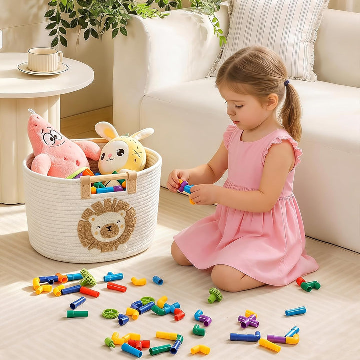 Aufbewahrungskorb Kinderzimmer Spielzeug Aufbewahrung, 19L Korb mit Holzgriffen, Wickeltisch Organiz