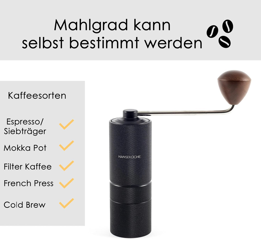 Hanseküche Kaffeemühle - Manuelle Kaffeemühle mit Präzisions-Edelstahlmahlwerk und Holzgriff - Kegel