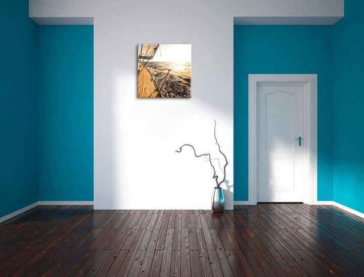 Segelboot im Meer, Format: 70x70 auf Leinwand, XXL riesige Bilder fertig gerahmt mit Keilrahmen, Kun