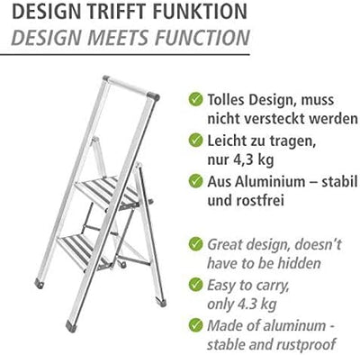 WENKO Leichte Aluminium Trittleiter mit 2 Stufen für 50 cm höheren Stand, rutschsichere XXL-Stufen,