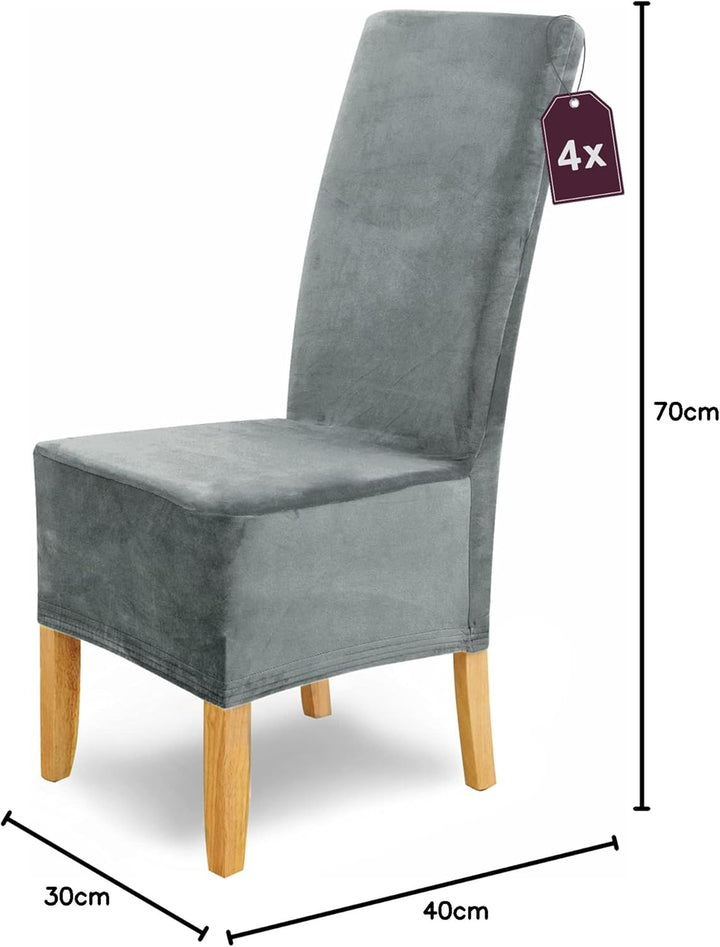 SCHEFFLER-Home Stretch Stuhlhussen Samt Puma Velvet/Velours Stuhlhussen 4er Set Grau lang/Stuhlabdec
