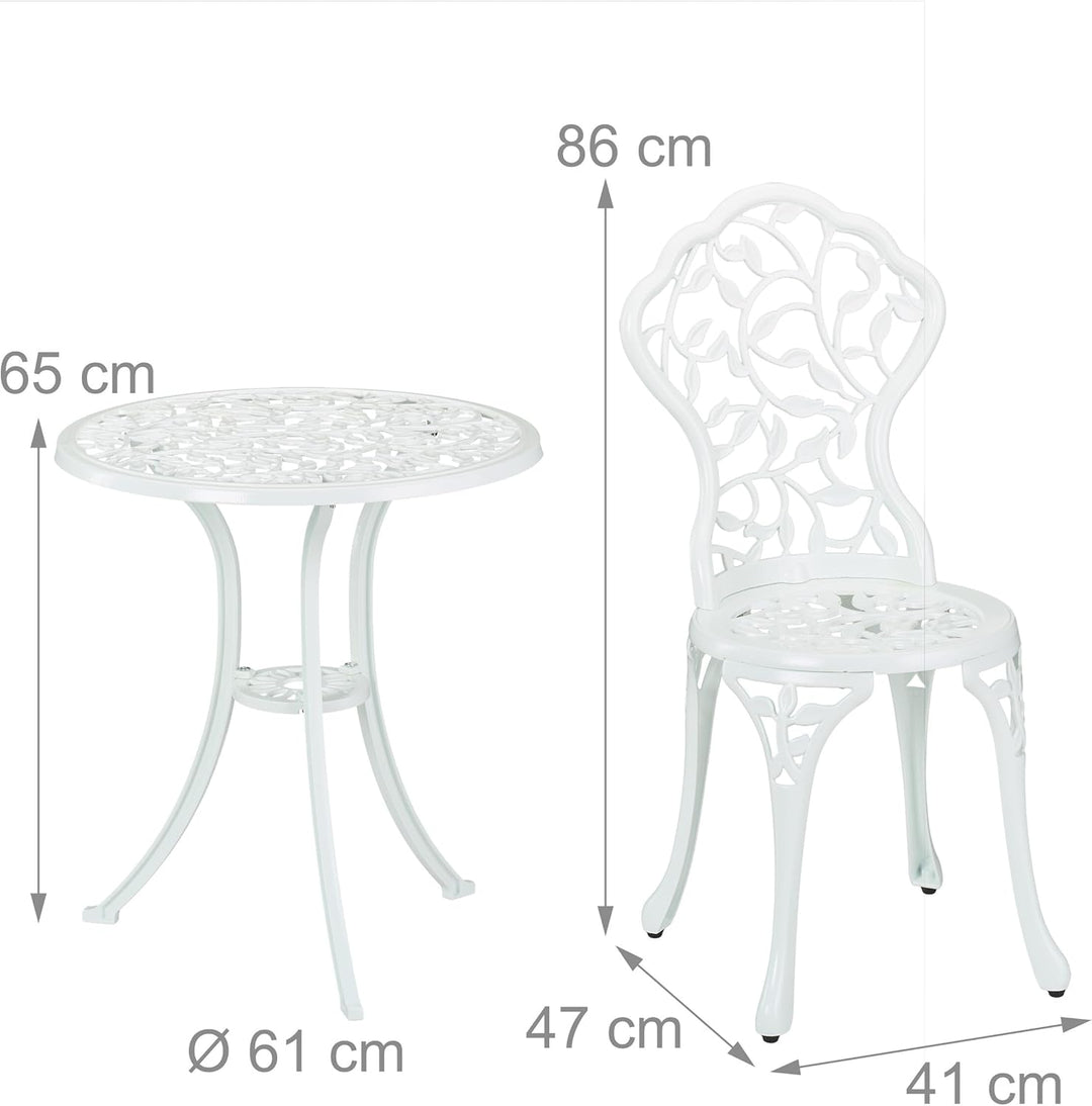 Relaxdays Gartenmöbel Set, 3-teilig, Tisch & 2 Stühle, Aluguss, Balkonmöbel mit Blättermuster, Garte