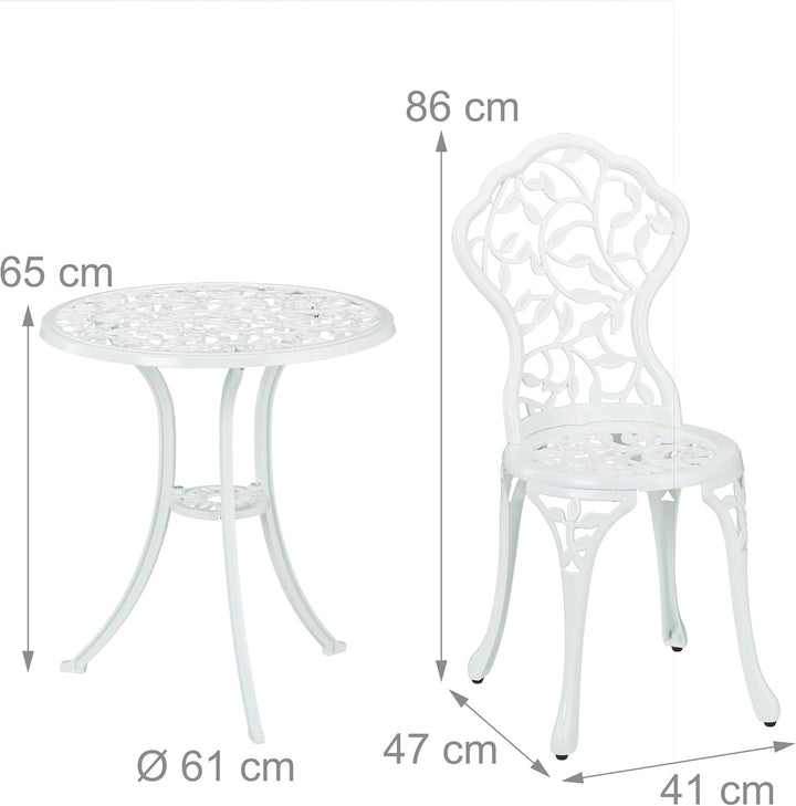Relaxdays Gartenmöbel Set, 3-teilig, Tisch & 2 Stühle, Aluguss, Balkonmöbel mit Blättermuster, Garte