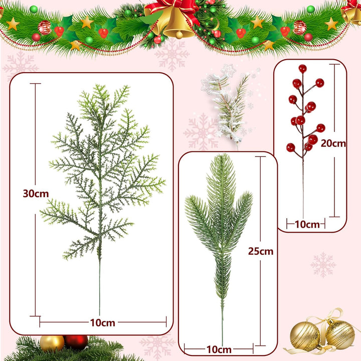 Famibay 72 Stück Tannenzweige Künstlich Rote Beeren Zweige Tannenzweige Weihnachten Kiefernzweige Kü