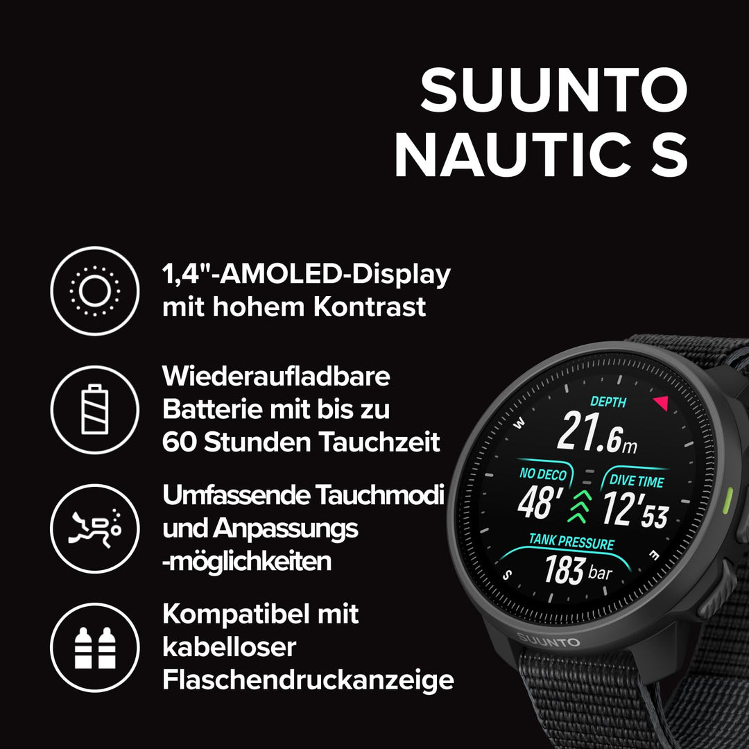 SUUNTO Nautic S Tauchcomputer, AMOLED-Touchscreen, wasserdicht bis 80 m | 60 Stunden Tauchzeit, inte