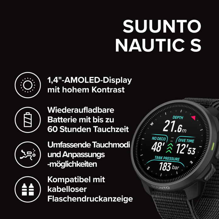SUUNTO Nautic S Tauchcomputer, AMOLED-Touchscreen, wasserdicht bis 80 m | 60 Stunden Tauchzeit, inte