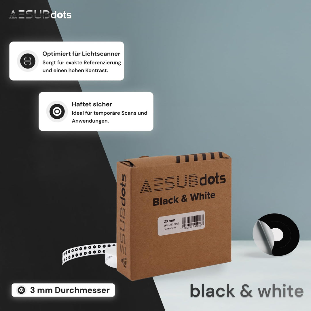 AESUB dots - Referenzpunkt für 3D Scannen, diffuse & retro reflektierende Reflexionsmarker (3 mm, Sc