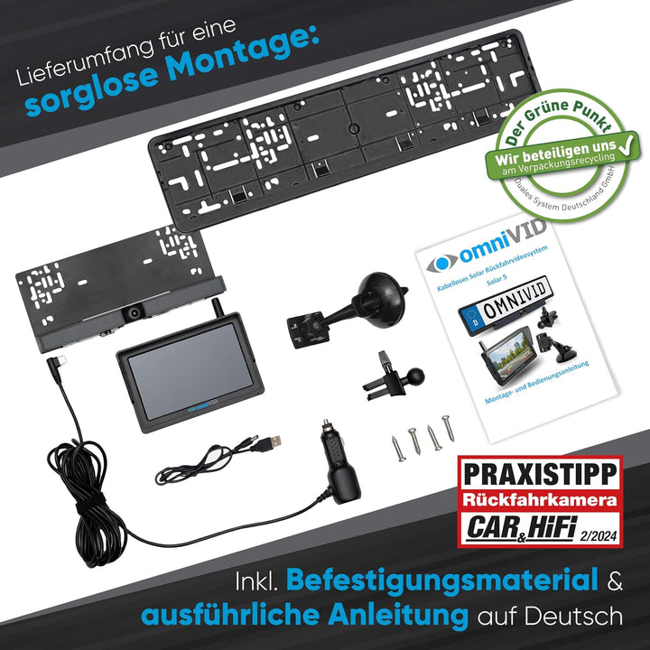 omniVID® Solar5 Premium Solar Rückfahrkamera-System, Kabellos mit 5 Zoll Monitor u. solarbetriebende