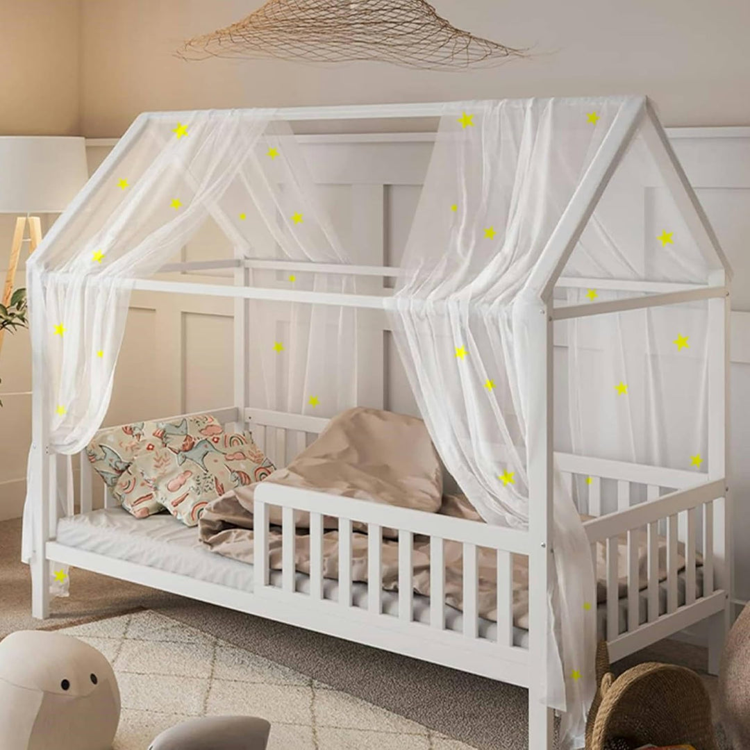 Hausbett Himmel Deko mit Leuchtenden Sternen, 2 Betthimmel & 1 Wimpelkette | Babybett Himmel für Kin