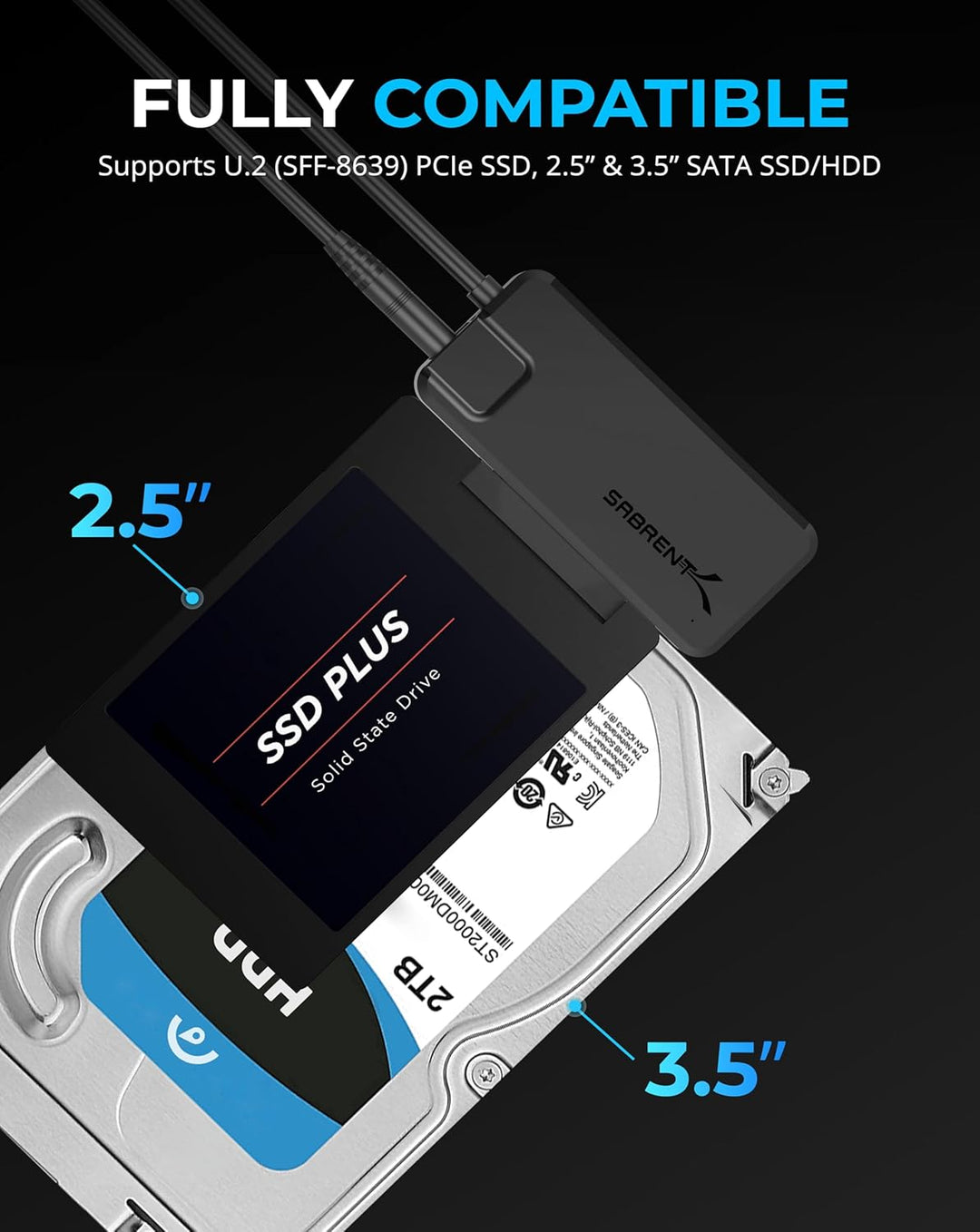 SABRENT SATA/U.2 USB Adapter SSD HDD 2,5 3,5 Zoll Festplattenadapter USB, 3.2x2 10Gbps (EC-U2SA) SAT
