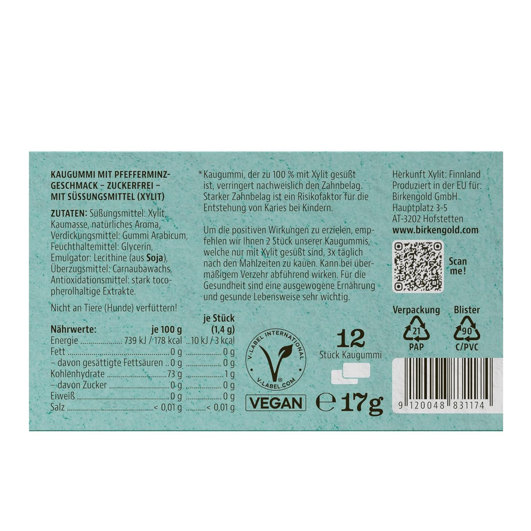 Birkengold Xylit Kaugummi Pfefferminze | 24 Stk. Blister | Zahnpflege-Kaugummi | zuckerfrei | hoher