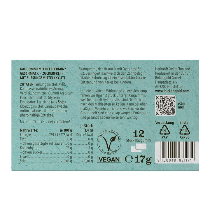 Birkengold Xylit Kaugummi Pfefferminze | 24 Stk. Blister | Zahnpflege-Kaugummi | zuckerfrei | hoher