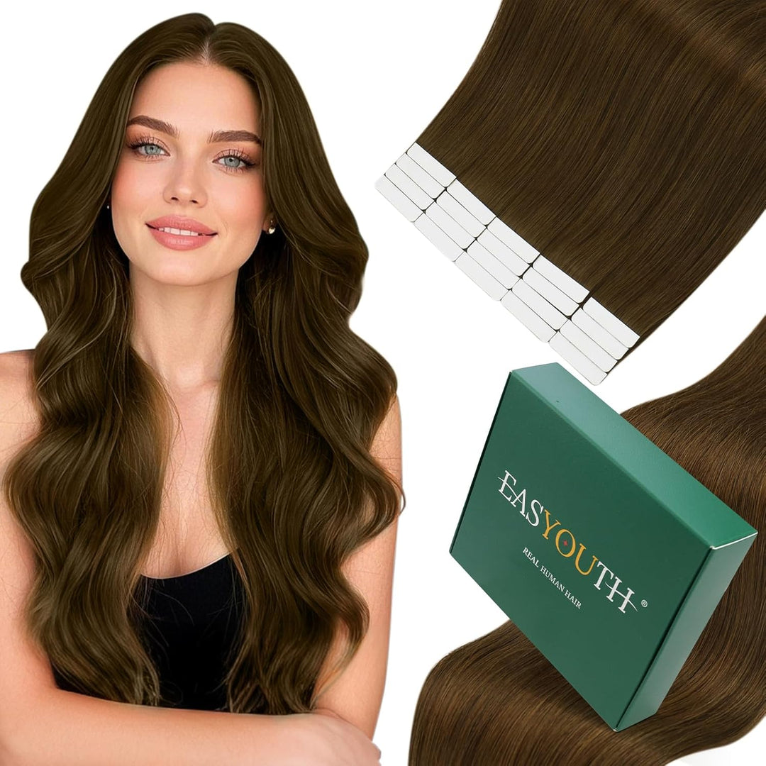 Easyouth Extensions Echthaar Tape in Braun Haarverlangerung Tape in Haar Extensions Mittelbraun Tape