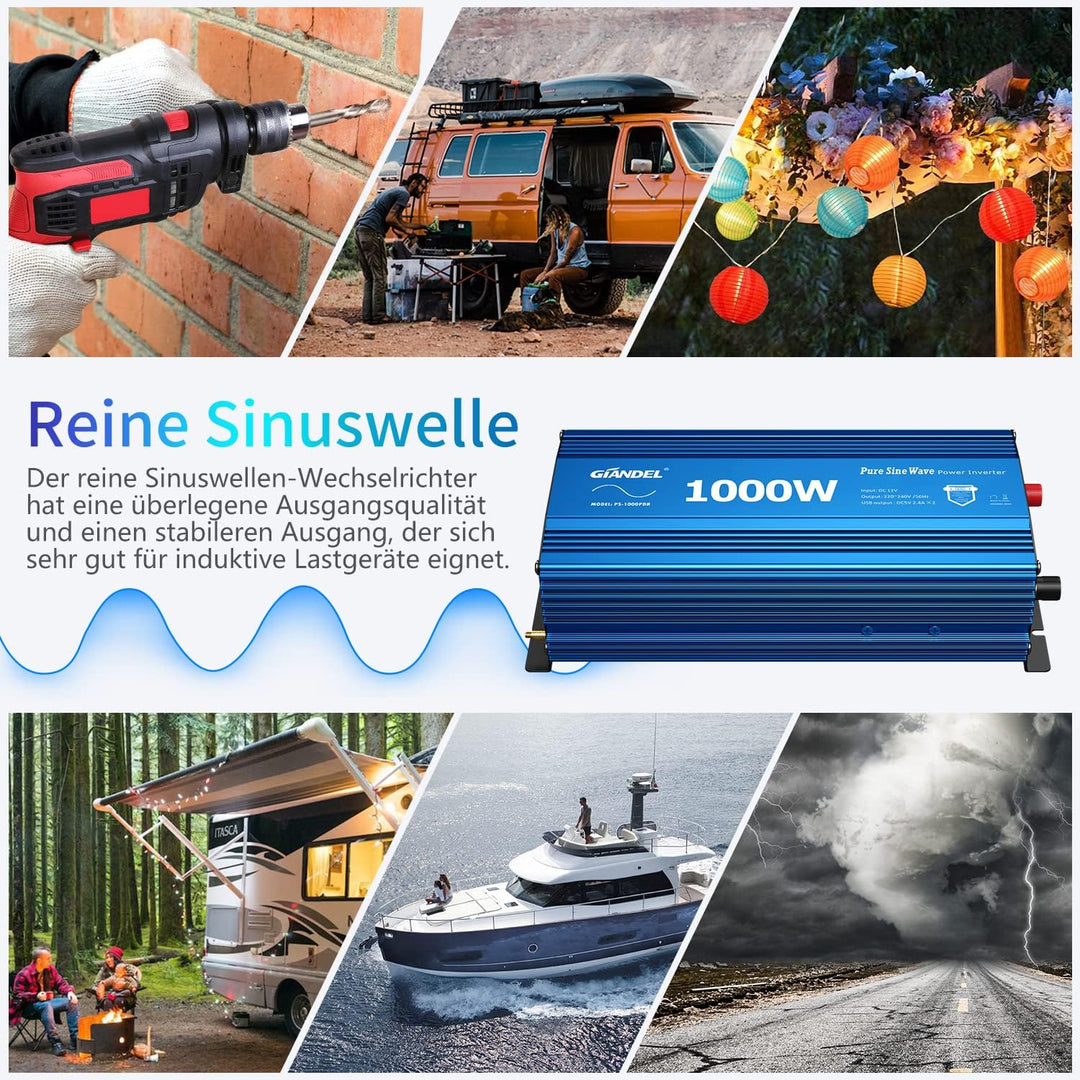 GIANDEL 1000W Wechselrichter Reiner Sinus 12V auf 230V KFZ Spannungswandler Power Inverter mit LCD-B