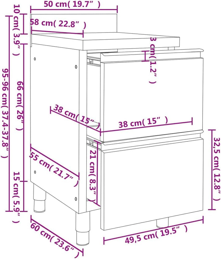 Küchenschrank mit 2 Schubladen Edelstahl 50 x 60 x (95-96) cm mit 2 Schubladen, 50 x 60 x (95-96) cm