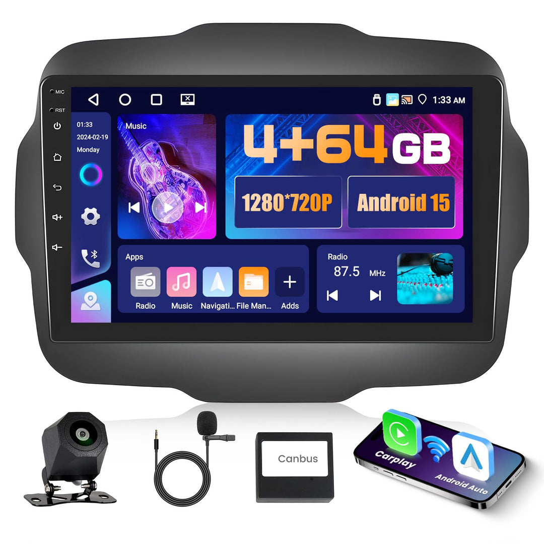 Hikity 4+64G 9" Android 15 Autoradio für Jeep Renegade 2016-2020 | IPS Touchscreen Wireless Carplay