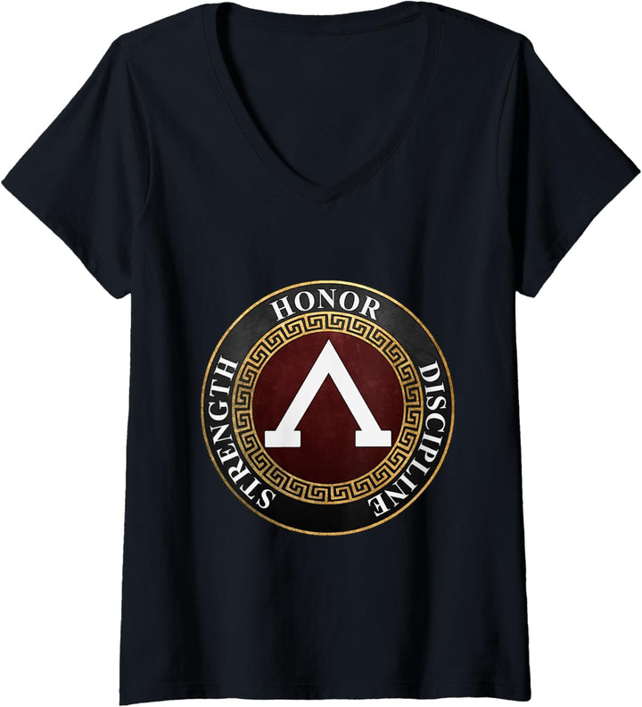 Damen Spartanische Tugenden von Sparta Ancient Lacedaemonian T-Shirt mit V-Ausschnitt
