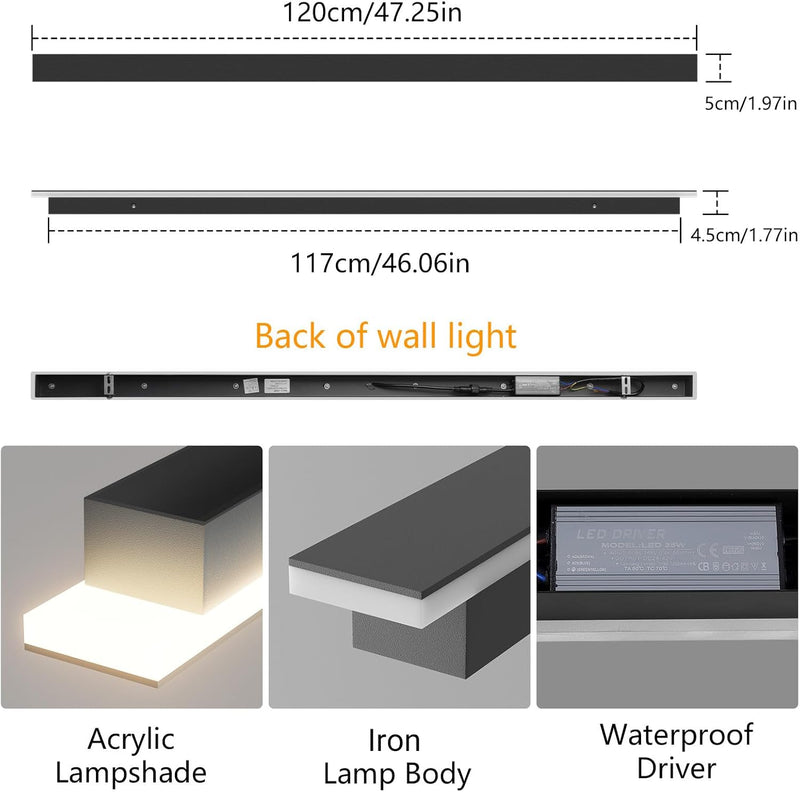 Klighten Lange Wandleuchte Aussen LED, Wandlampe Schwarz Aussen/Innen IP65, 35W/120cm Aussenwandleuc