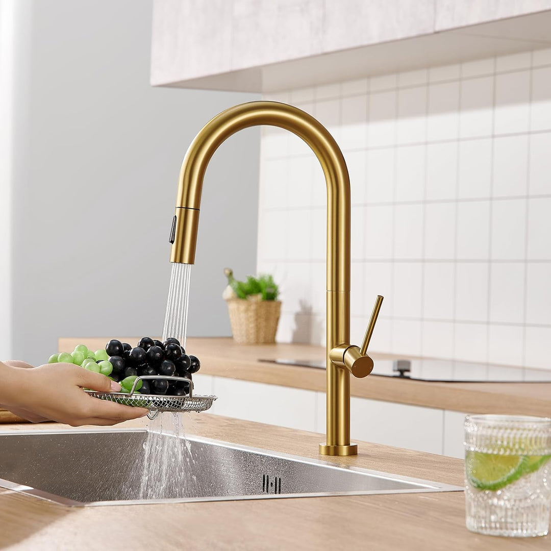 Wasserhahn Küche Gold, Hochdruck Küchenarmatur mit Herausziehbarer Brause, Hoher Bogen Armatur, Misc