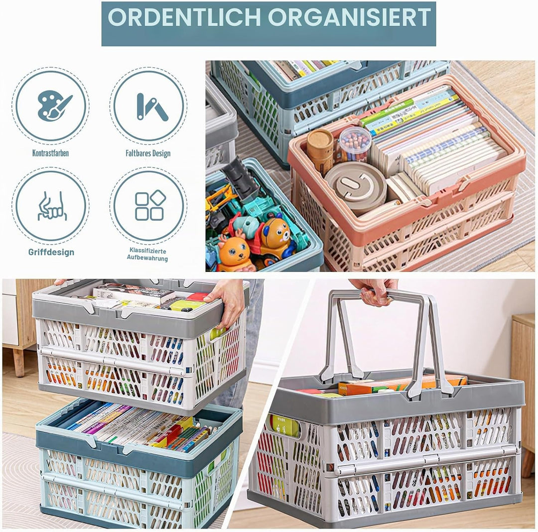 Klappkorb Faltbar, 2er Set Klappbox Klein mit Henkel 19 L Blau, Multifunktionaler Aufbewahrungskorb