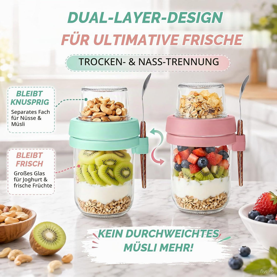 4er Set Müslibecher to Go mit Löffel, 480ml+120ml Overnight Oats Gläser, Joghurtbecher to go mit Dop