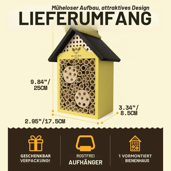 WildYard Big Bee Box - Bienenhaus aus Holz für Draussen, Gelb - Lockt Mauerbienen am Balkon - Kompak