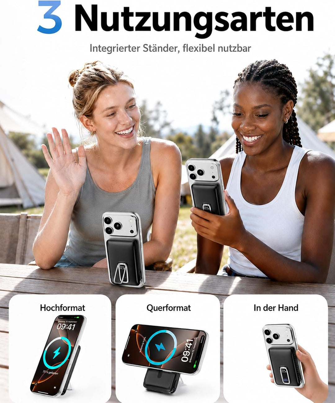Magnetische Powerbank 10000mAh mit Ständer &amp; 22.5W Kabel für iPhone Blau Blau 10000.0 Milliamperestu
