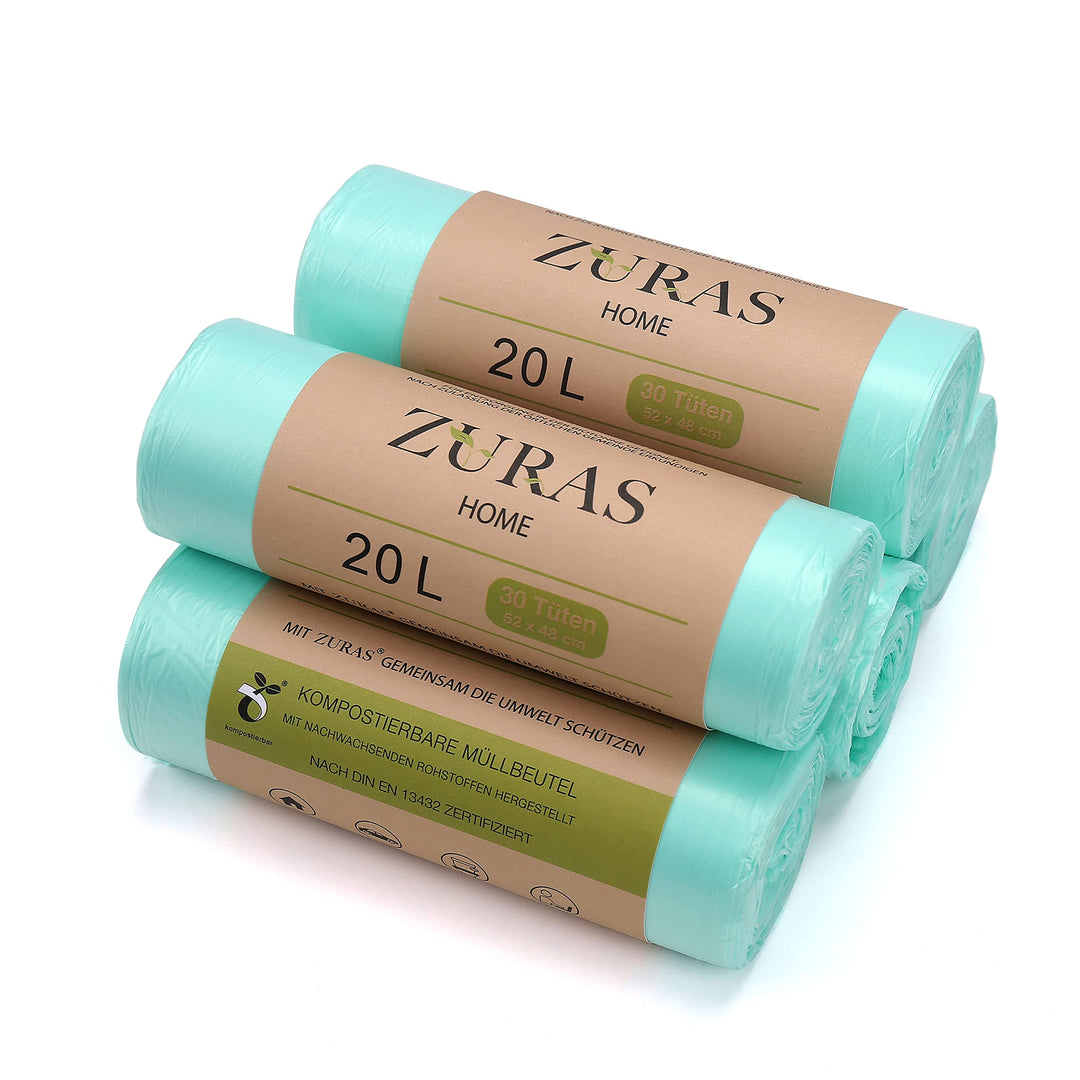 ZURAS® 20 Liter Biomüllbeutel 150 Stk. kompostfähige, biologisch abbaubare Müllbeutel auf pflanzlich