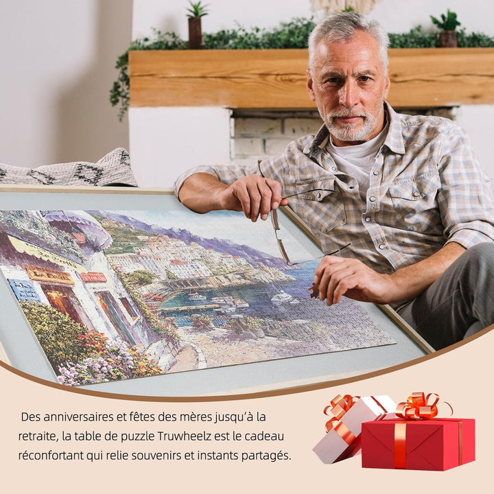 2-in-1 Kipp- und Drehpuzzle-Brett als Geschenk für Erwachsene – Holz-Puzzle-Tisch mit 4 Schubladen (
