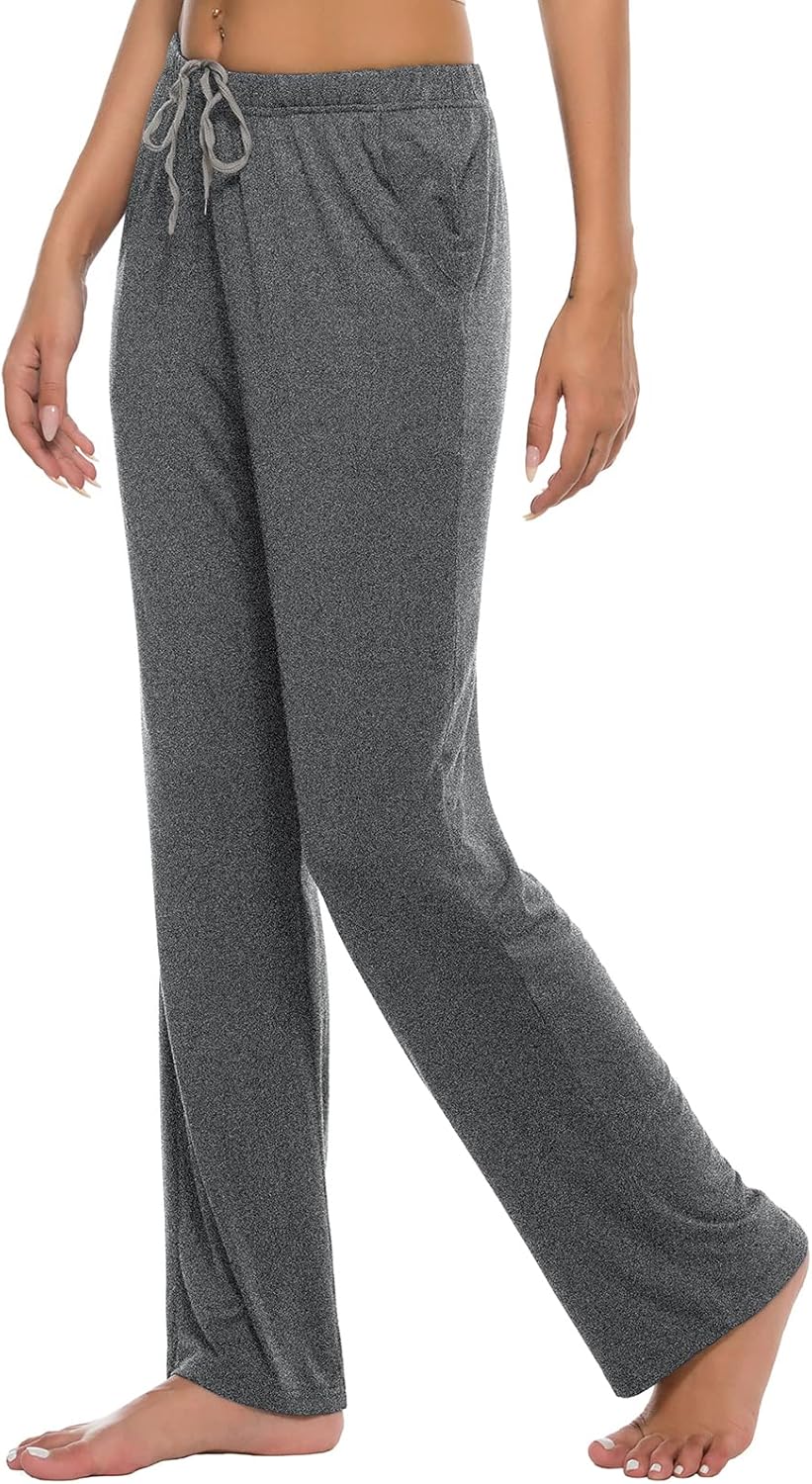 JINSHI Damen Schlafanzughose Lang Pyjamahose Weich Modal Nachtwäsche Freizeithose, Schwarz+dunkelgra