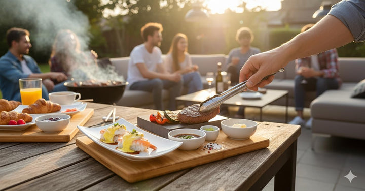 Lavastein Steakbrett, Servierplatte, Bambusbrett mit Hot Stone Grill, Steak Grillplatte, Steinplatte
