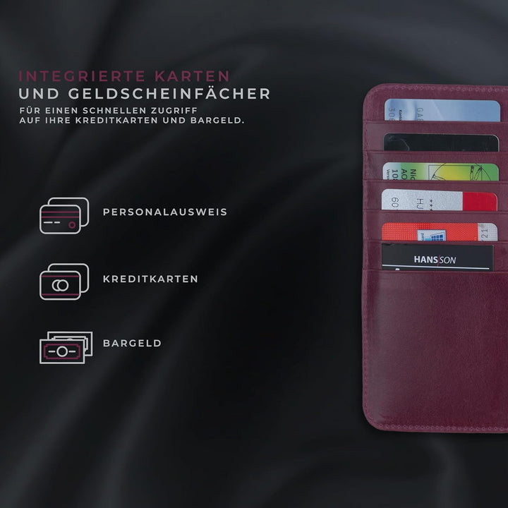 HANS/SON Lederhülle mit Kartenfächern | iPhone 14 | Echtleder | 6,1 Zoll | Schmal | Klapphülle | Sto