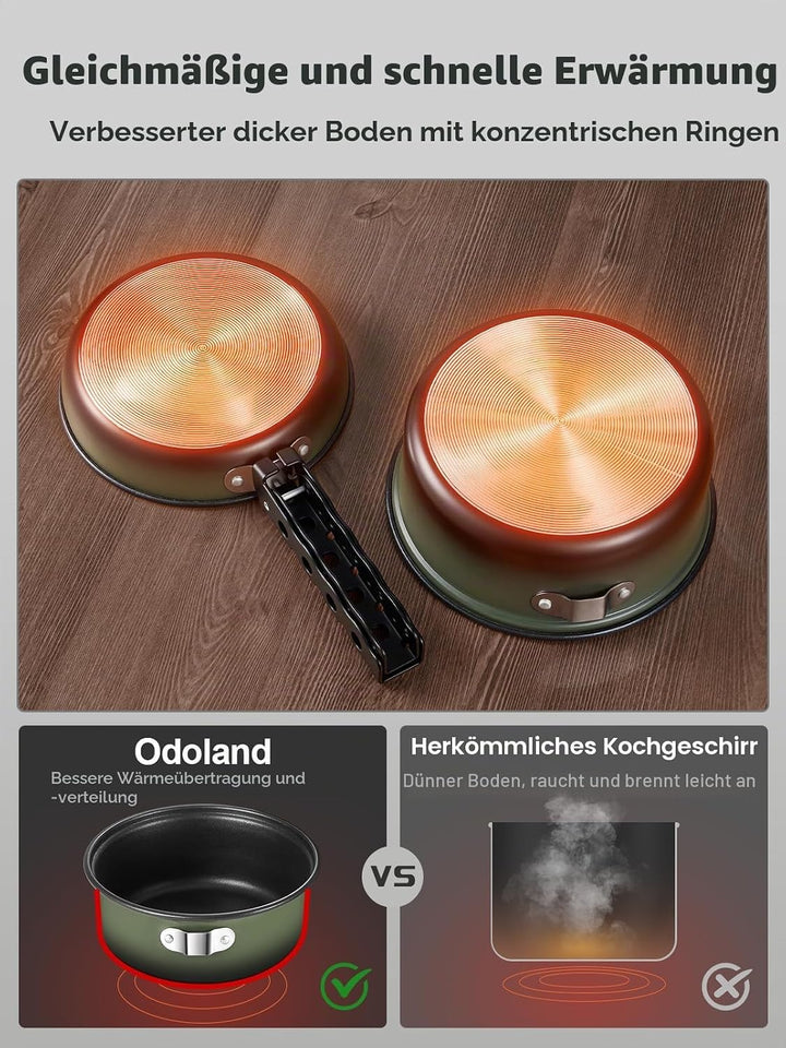 Odoland 5pcs Camping Geschirr Set, Antihaft-Leichtgewicht Topf Pfanne Kettle Set mit einem abnehmbar
