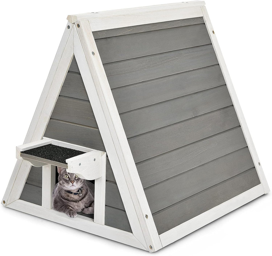 GYMAX 50 x 55 x 52 cm Katzenhaus mit Asphaltdach & Tür, Wetterfeste Katzenhöhle aus Holz, Katzenhütt