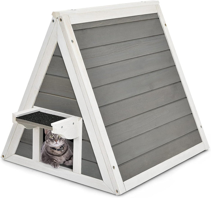 GYMAX 50 x 55 x 52 cm Katzenhaus mit Asphaltdach & Tür, Wetterfeste Katzenhöhle aus Holz, Katzenhütt