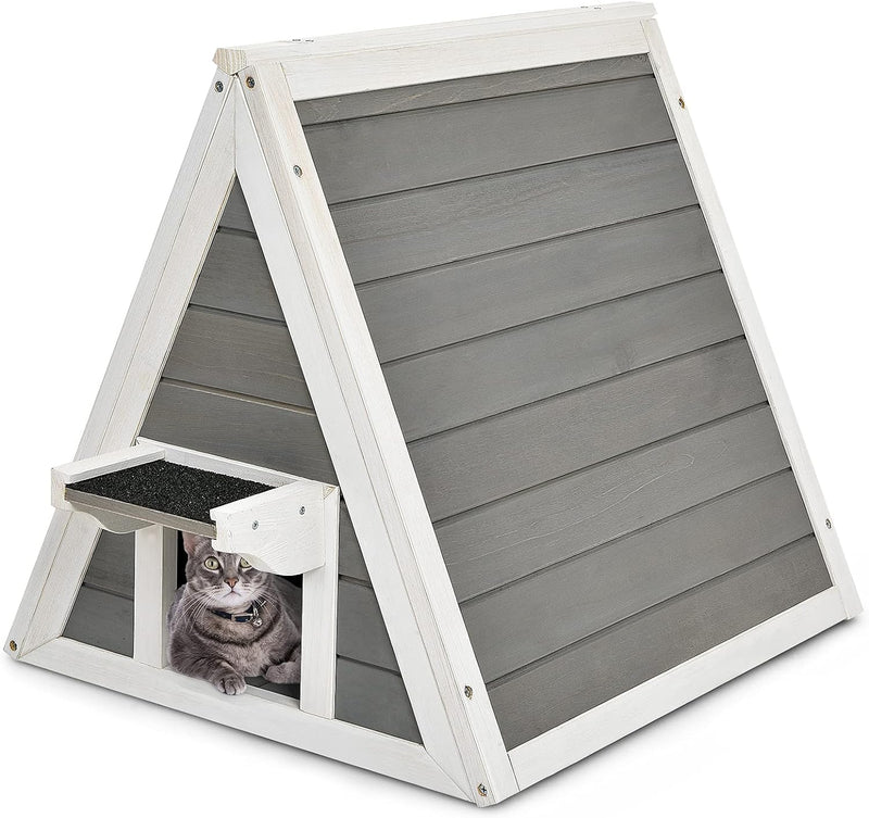 GYMAX 50 x 55 x 52 cm Katzenhaus mit Asphaltdach & Tür, Wetterfeste Katzenhöhle aus Holz, Katzenhütt