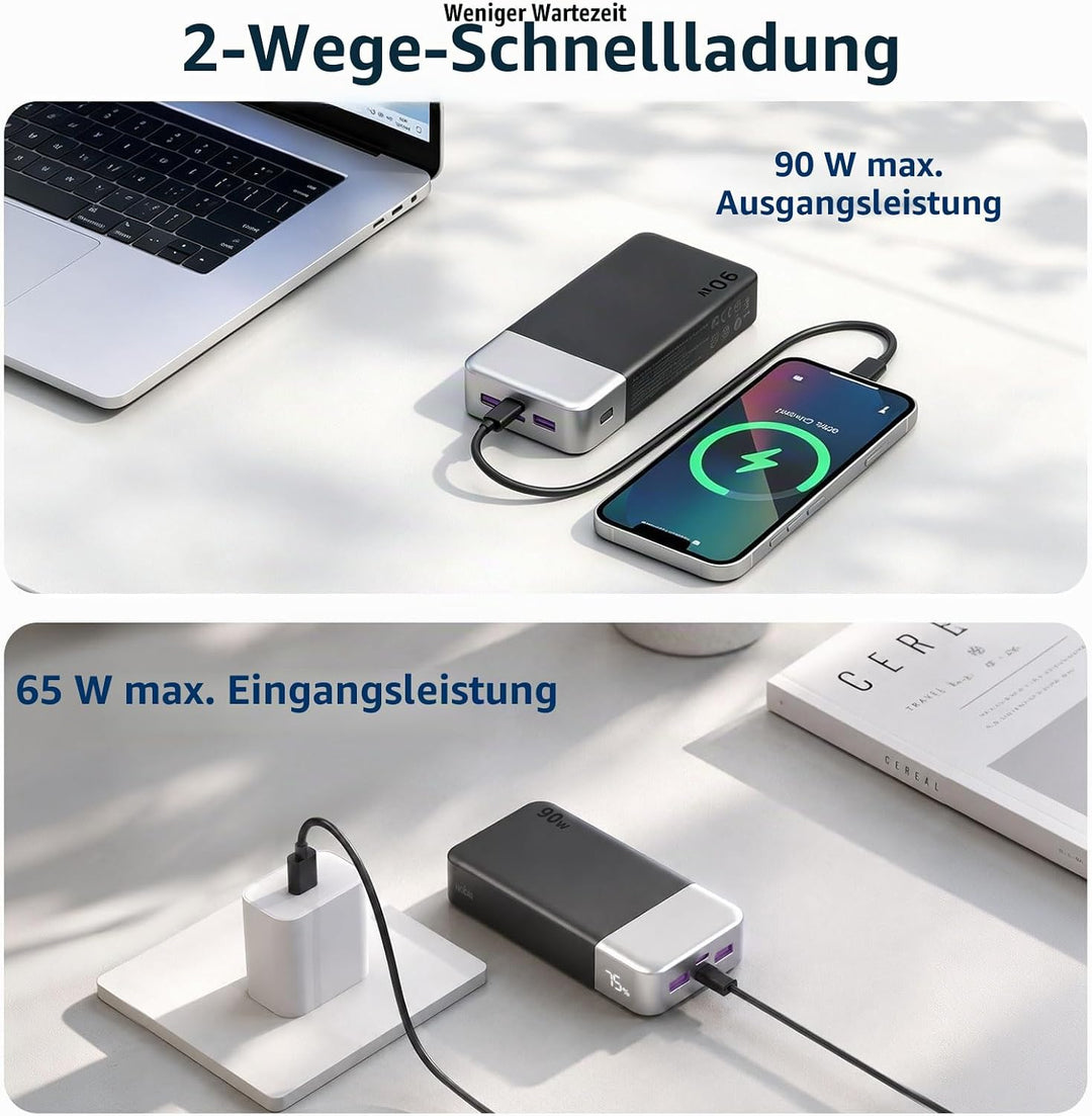 NOBIS 90W 20.000 mAh Powerbank, Tragbarer Laptop-Ladegerät mit 4 Anschlüssen, PD Schnellladung, Digi