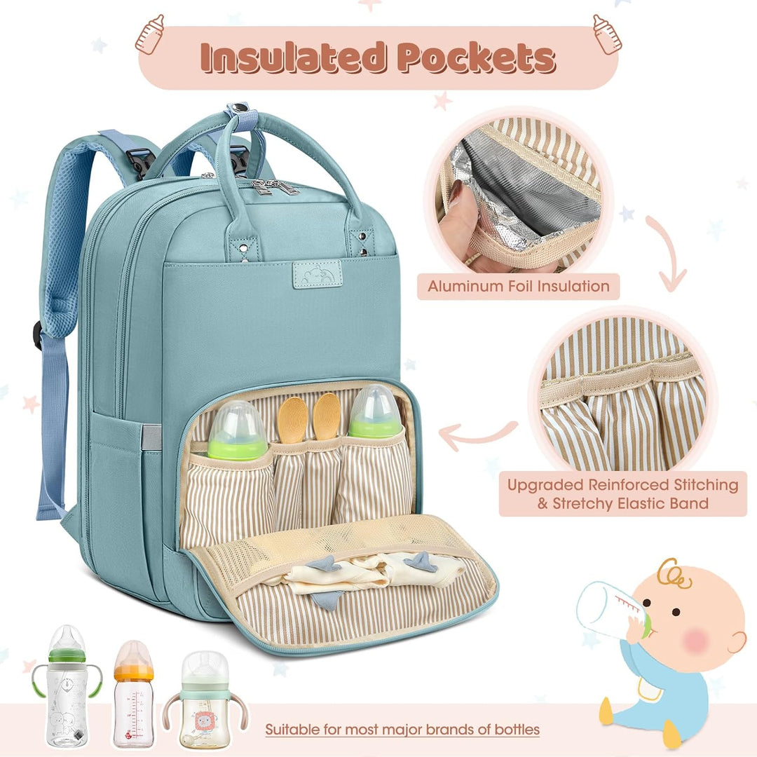 RAINSMORE Baby Wickelrucksack Gross Wickeltasche Rucksack mit Kinderwagengurten und Wickelunterlage