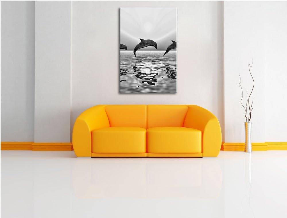 Pixxprint Monocrome, springende Delfine im Sonnenuntergang, Format: 100x70 auf Leinwand, 100x70