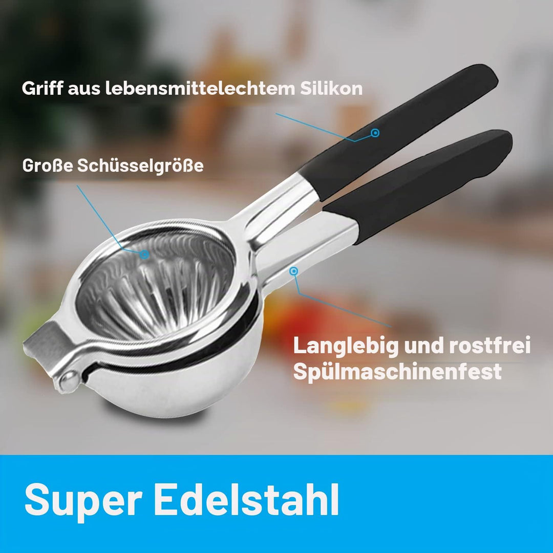 JOYIT Extra grosse Zitronenpresse aus Edelstahl – hochwertige robuste Zitronenpresse mit Silikongrif